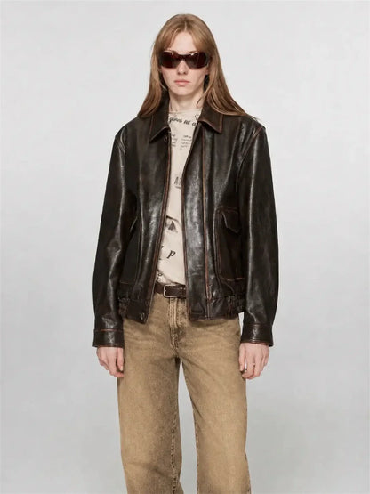 Firelady Fur Women's Vintage Brown Aviator Style Leather Jacket“South City Old Lane”