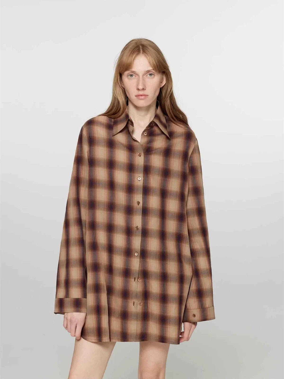 "Tea Grid" high-quality high-count cotton loose retro plaid shirt