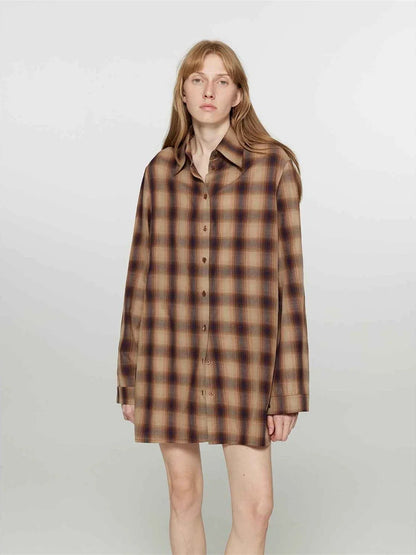 "Tea Grid" high-quality high-count cotton loose retro plaid shirt