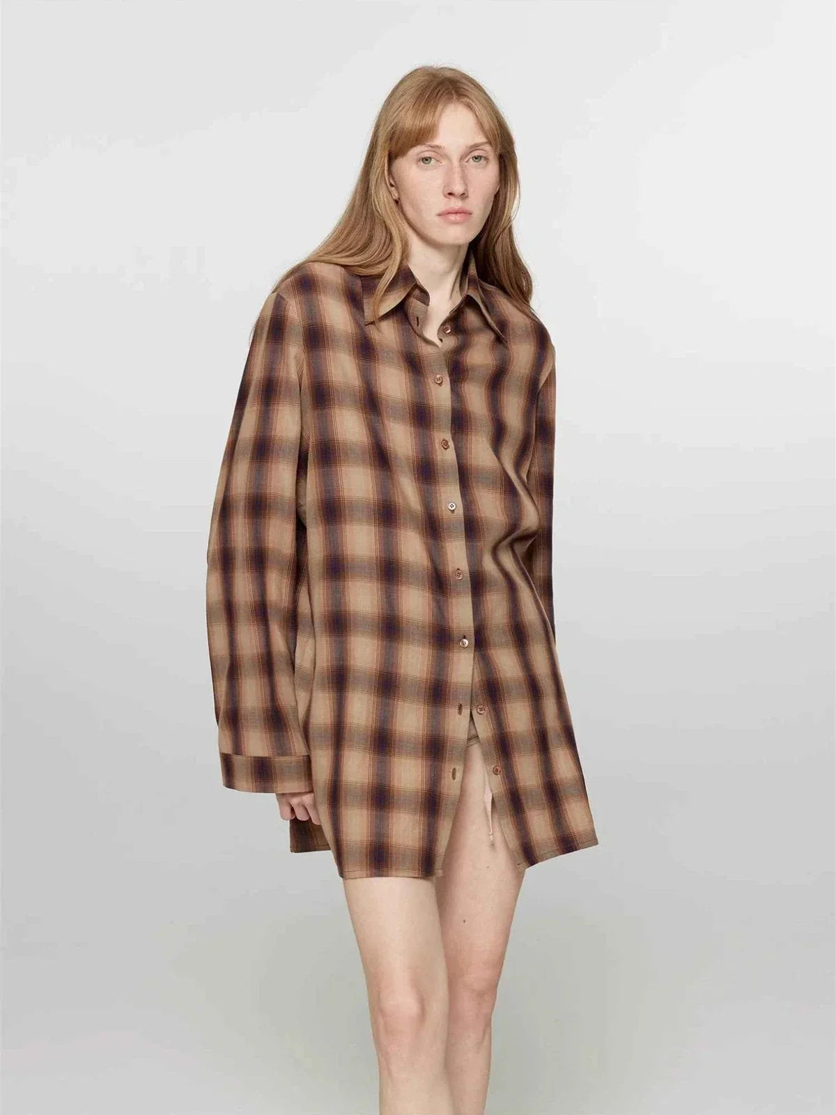 "Tea Grid" high-quality high-count cotton loose retro plaid shirt