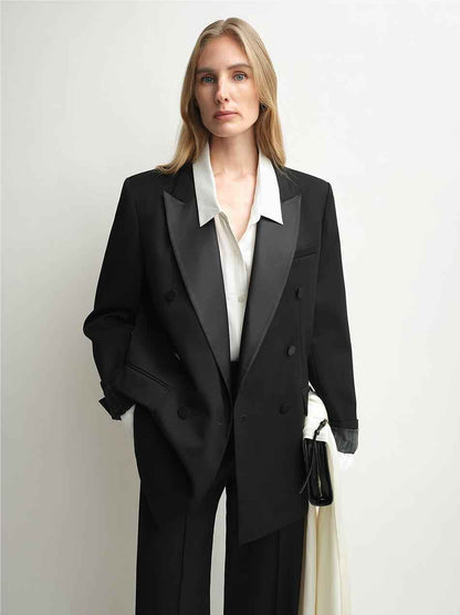 THE ARTM Women's Double-Breasted Wool Blazer - Peak Lapel Tuxedo Jacket-4