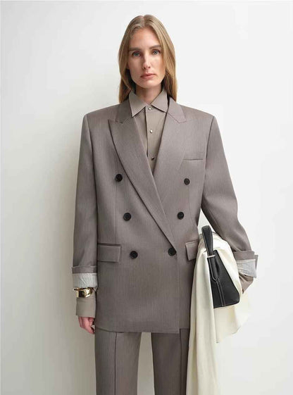 THE ARTM Women's Double-Breasted Wool Blazer - Peak Lapel Tuxedo Jacket-2