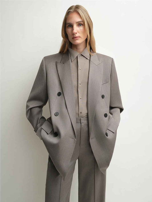 THE ARTM Women's Double-Breasted Wool Blazer - Peak Lapel Tuxedo Jacket-1