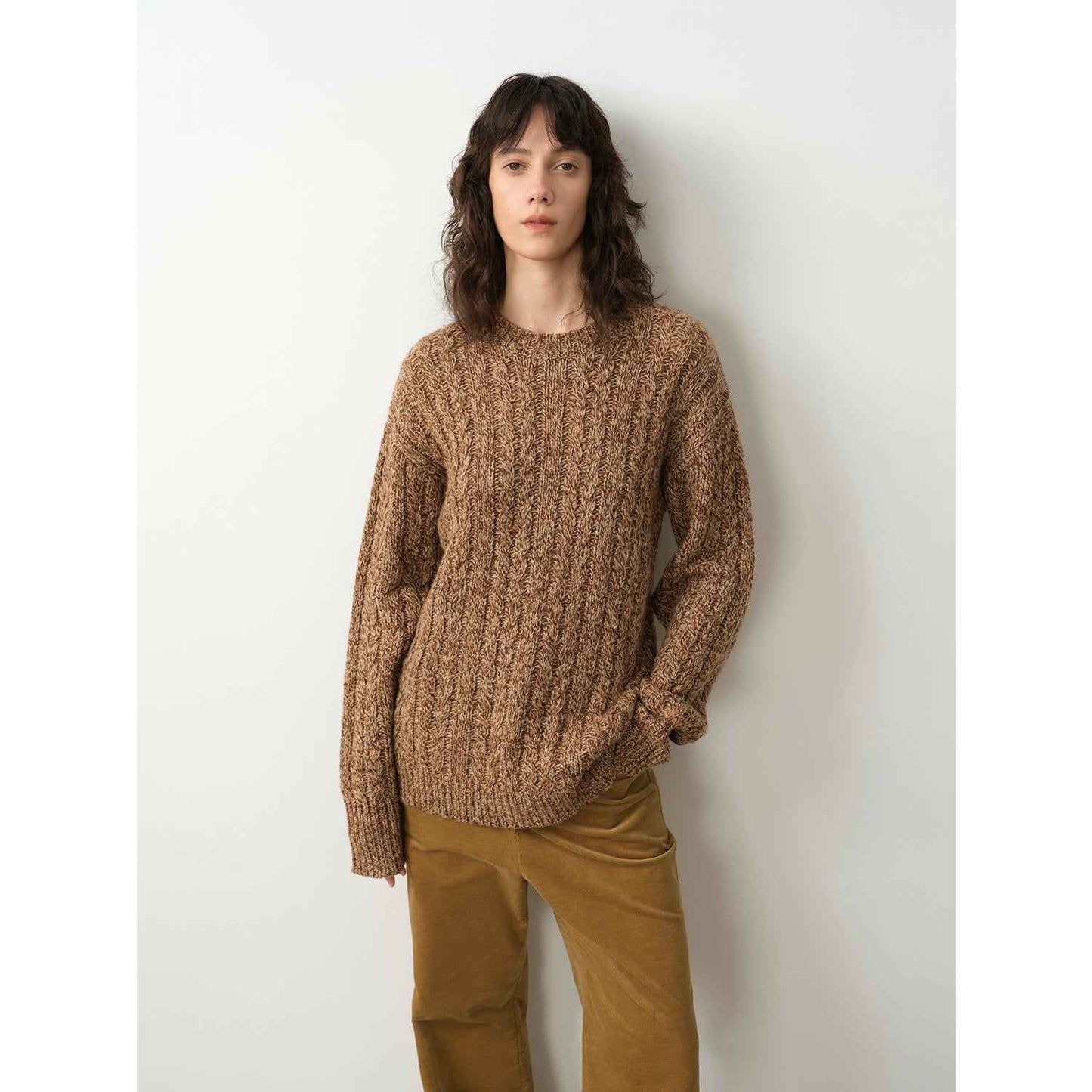 "Thousand Islands Forest Club" Cable-cut Round Neck Wool Blend Slightly Wide Shoulder Sweater-0