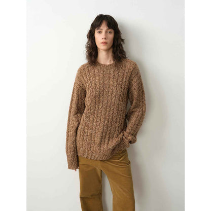 "Thousand Islands Forest Club" Cable-cut Round Neck Wool Blend Slightly Wide Shoulder Sweater-0