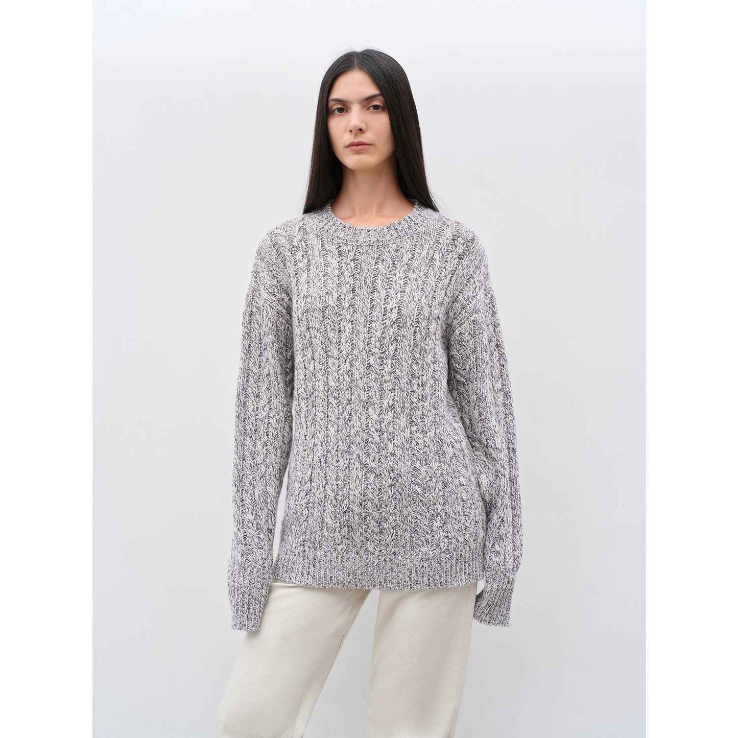 "Thousand Islands Forest Club" Cable-cut Round Neck Wool Blend Slightly Wide Shoulder Sweater-1