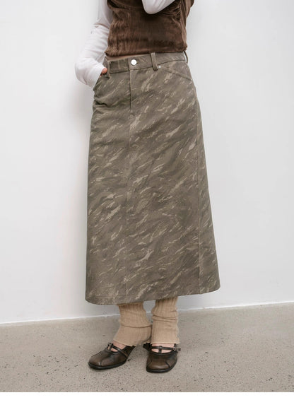 "Thousand Layers of Echoes" Chenille Original Print Camouflage Retro Distressed Straight Mid-Waist Skirt-0