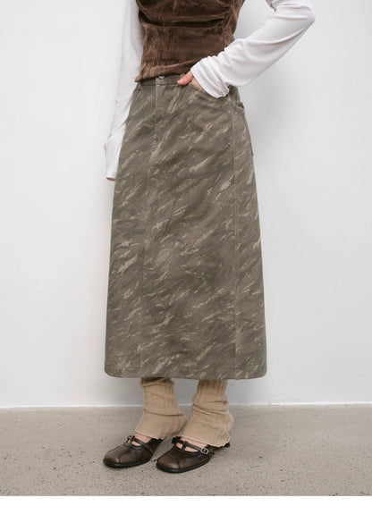 "Thousand Layers of Echoes" Chenille Original Print Camouflage Retro Distressed Straight Mid-Waist Skirt-3