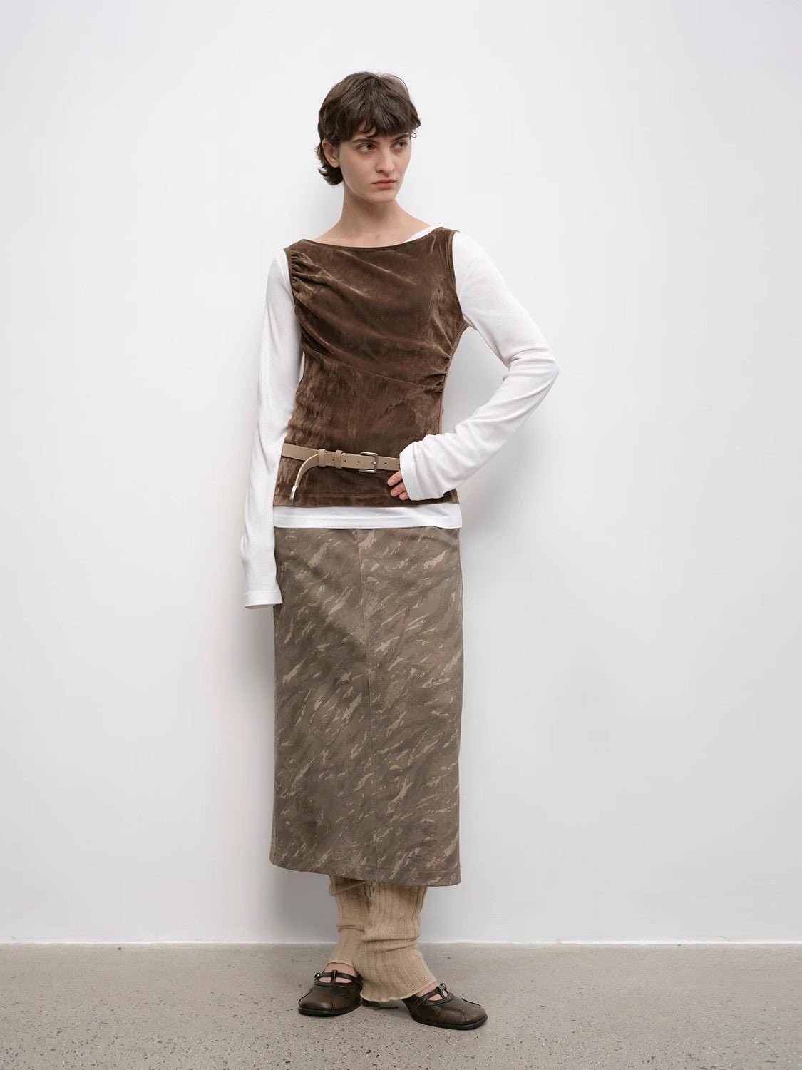 "Thousand Layers of Echoes" Chenille Original Print Camouflage Retro Distressed Straight Mid-Waist Skirt-1