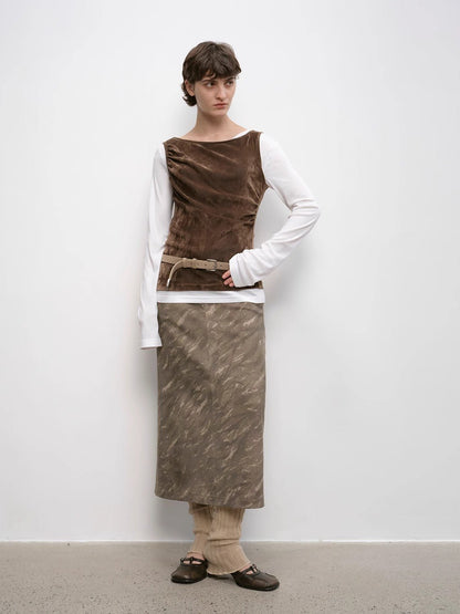"Thousand Layers of Echoes" Chenille Original Print Camouflage Retro Distressed Straight Mid-Waist Skirt-1
