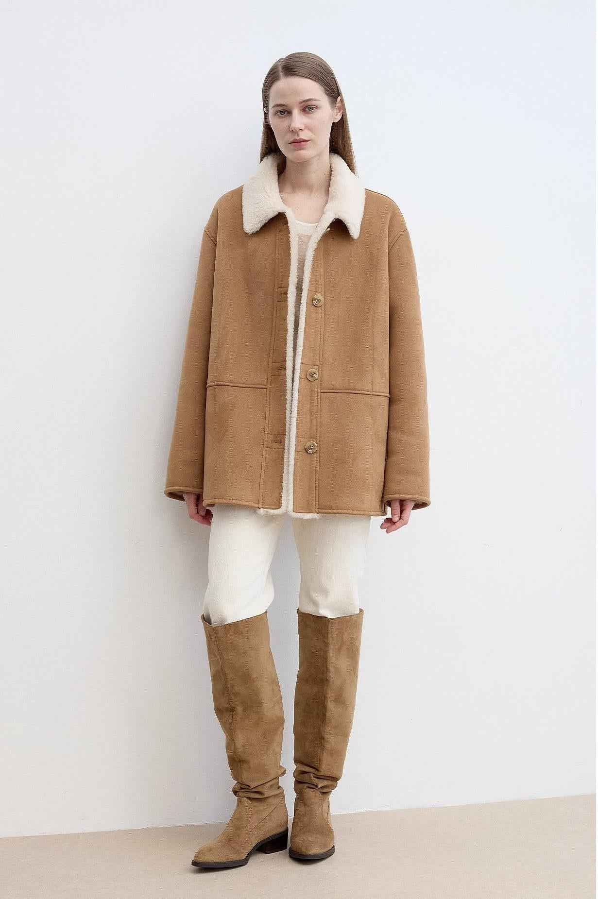Fireladyfur Women's Faux Leather Shearling Jacket - Casual Furry Lapel Wool Coat-2