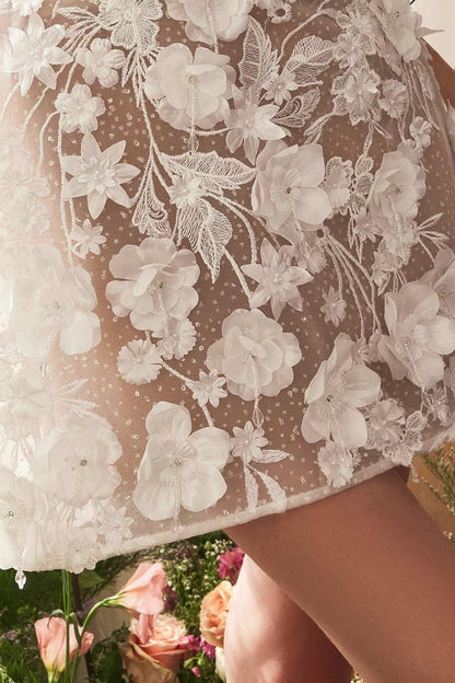 Dimensional Floral & Lace Strapless Short Bridal Midi Dress-3