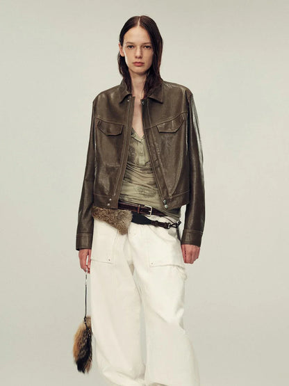 Women's imported first-layer suede sheepskin short autumn leather jacket
